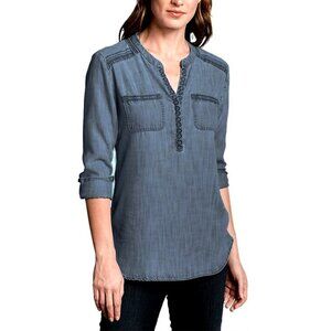 Eddie Bauer Indigo Denim Tunic Embroidered Pullover Droptail Top